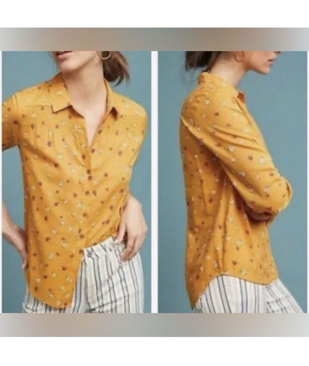 Maeve Floral Smocked Bib Blouse Mustard Yellow Floral Button Down Long Sleeve 14